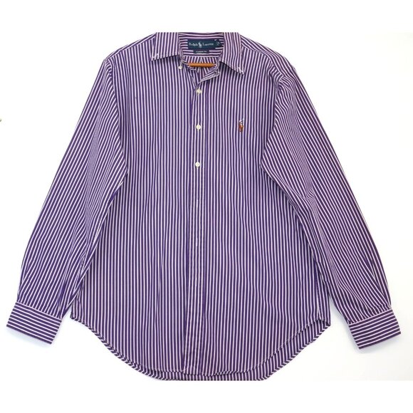 Ralph Lauren Purple & White Striped Button-Down Shirt Classic Fit Polo Logo - Picture 1 of 13
